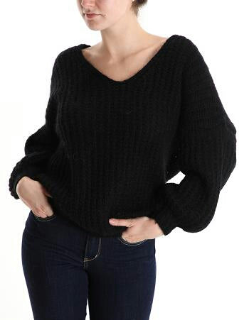 V-Ausschnitt Strickpullover aus Mohair - Schwarz