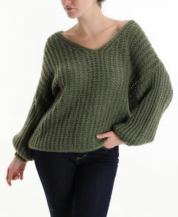 V-Ausschnitt Strickpullover aus Mohair - Olivgrün