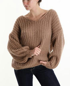 V-Ausschnitt Strickpullover aus Mohair - Kamelhaarfarben