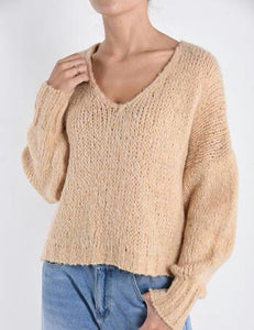 V-Ausschnitt Strickpullover aus Mohair - Beige