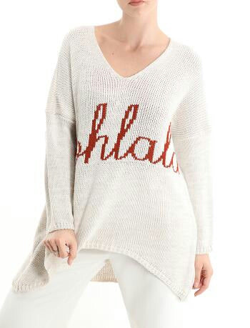 Aufschrift OHLALA,  V-Ausschnitt Strickpullover - Beige