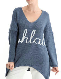 Aufschrift OHLALA,  V-Ausschnitt Strickpullover - Hellblau